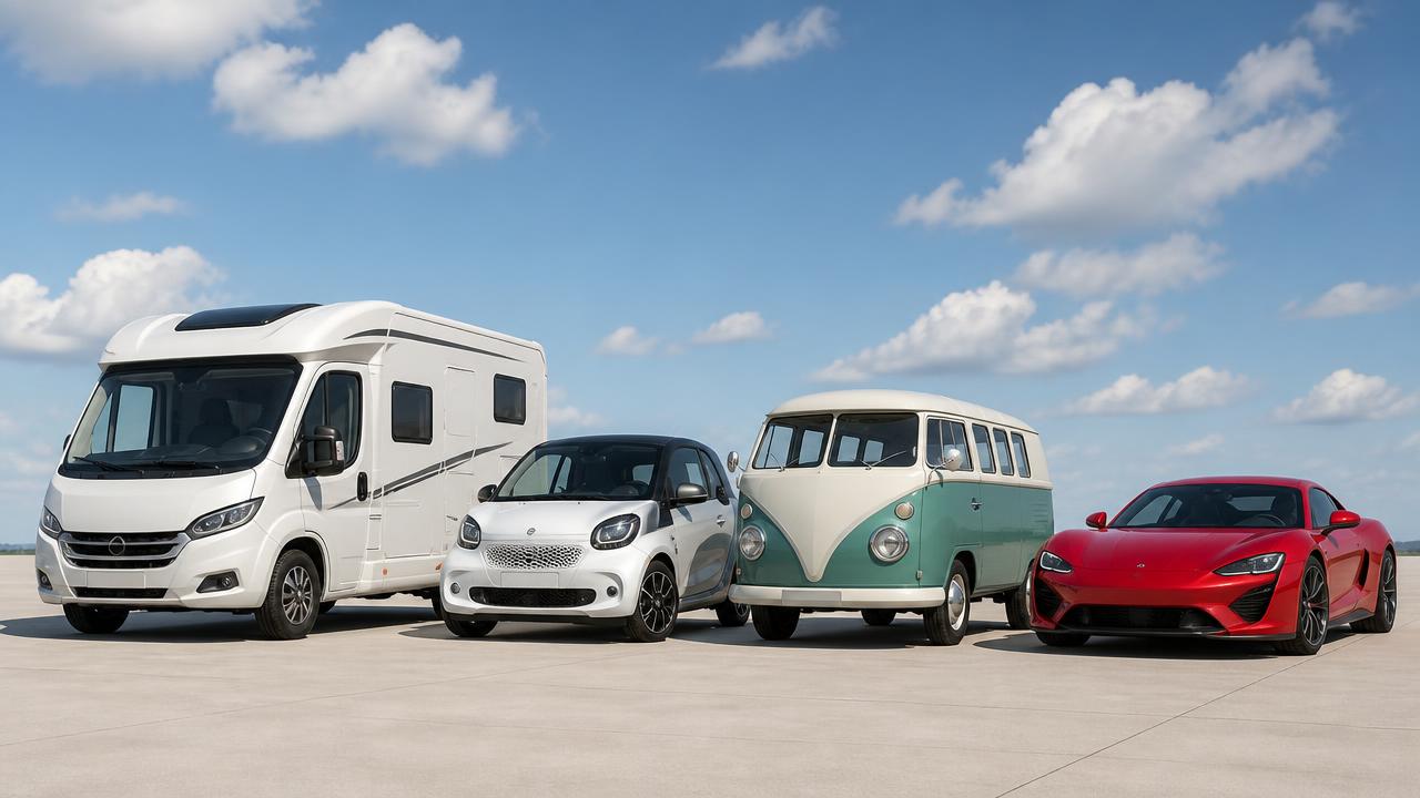 Wohnmobil, Kleinwagen, VW-Bus und Sportwagen nebeneinander